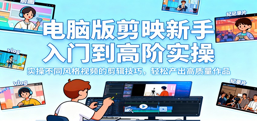电脑版剪映新手入门到高阶实操,实操不同风格视频的剪辑技巧,轻松产出高质量作品-摇钱树